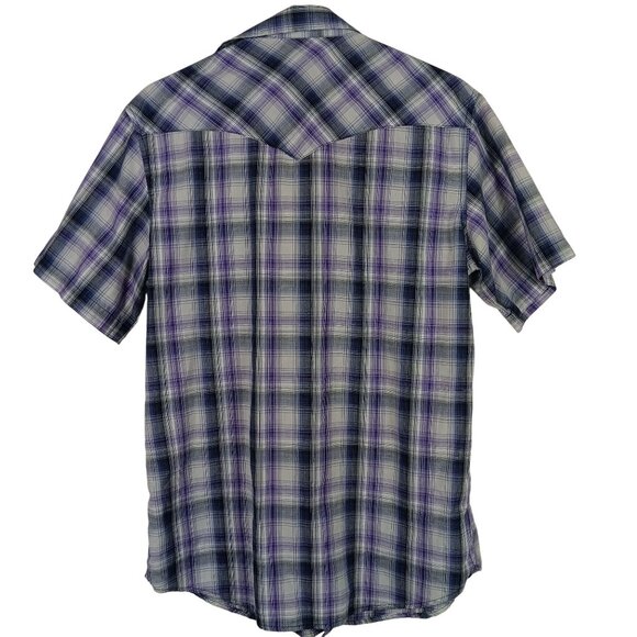 Vintage Wrangler Western Plaid Short Sleeve Shirt Pearl Snap Front Size M Purple - Picture 6 of 7